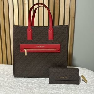 Beautiful brown and red Michael Kors purse with matching wallet. New with tags!